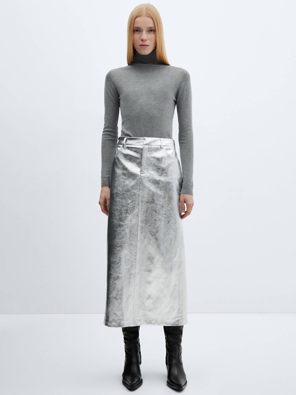 NWT MANGO Silver Metallic Leather Effect Straight Midi Skirt High Rise 40